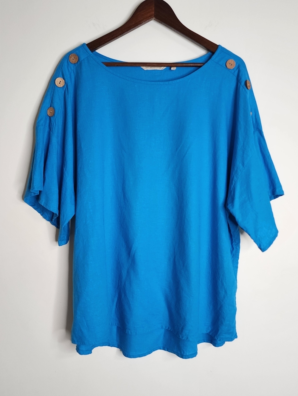 Soft Surrounds Turquoise Blue Linen Blend Button Sleeve Flowy Boho Top 1X